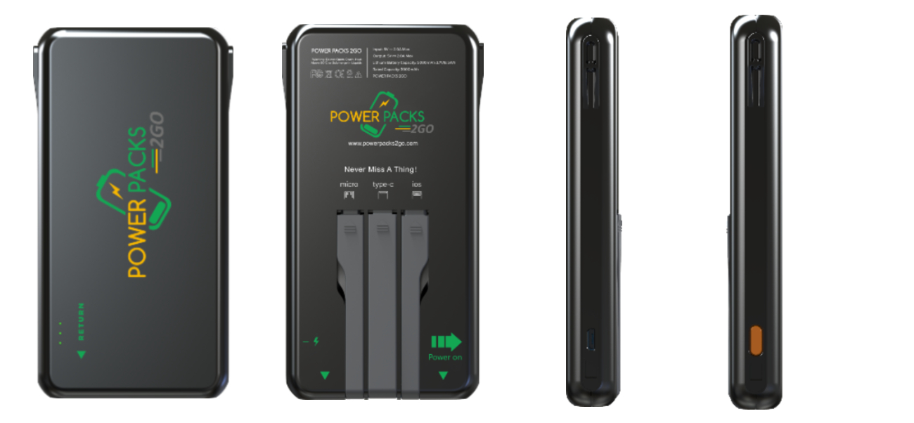 Power Packs 2 Go 5000mAh tri-cable power bank, front, back and side views